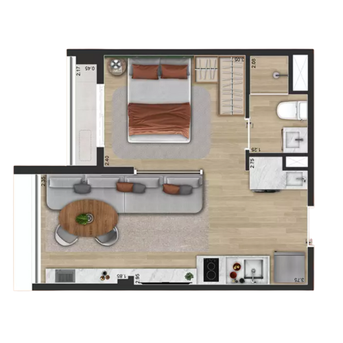 Planta opção 1 Dorm. - 29m² (decorado)