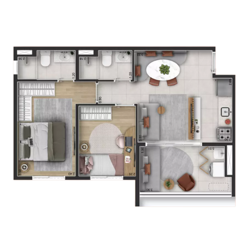 Planta tipo 2 Dorm. - 51m² (sendo 1 suíte)